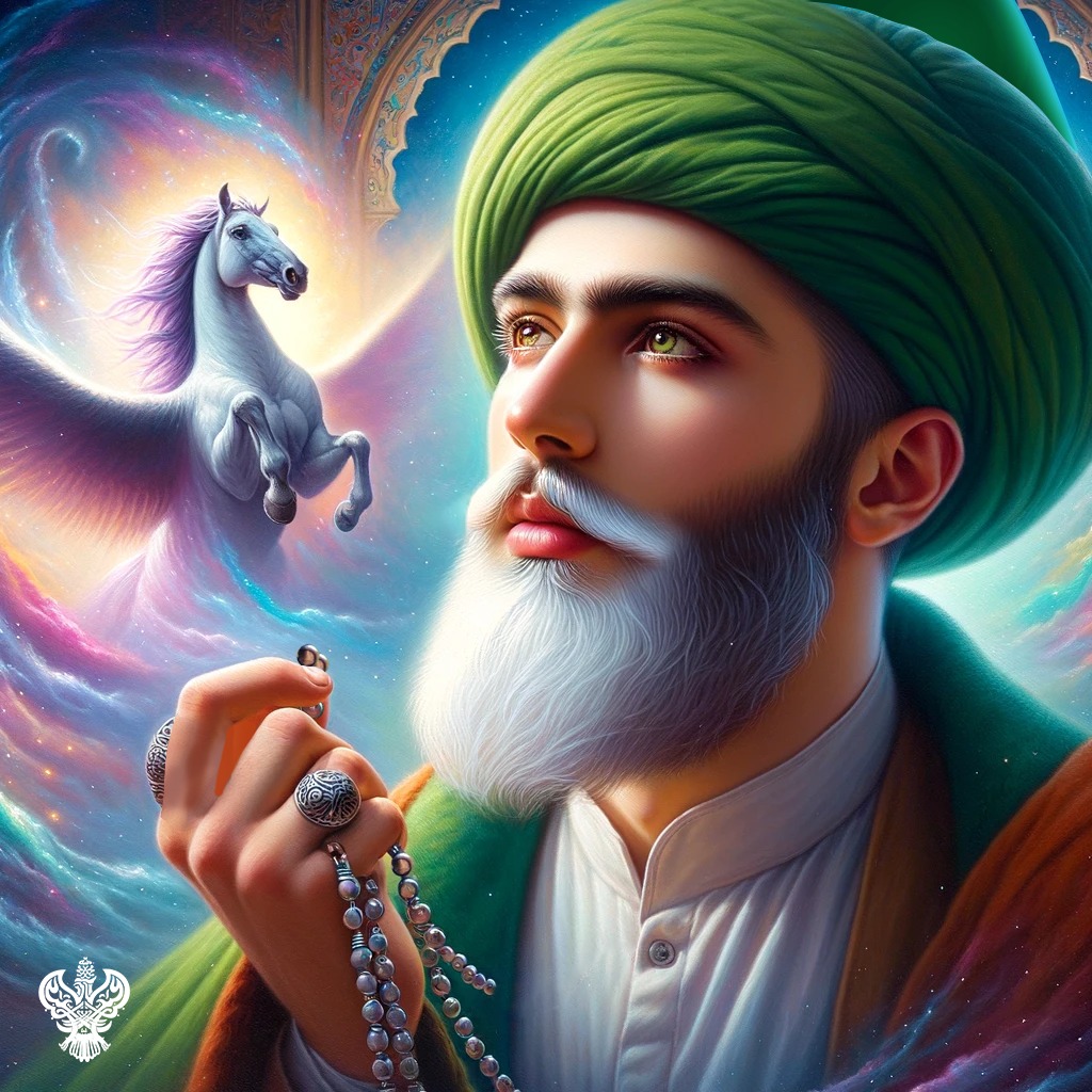A sufi in colorful clouds and a flying horse