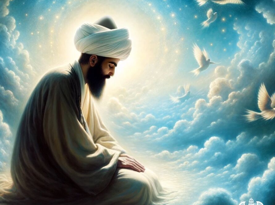 A sufi with white turban in the sky meditating