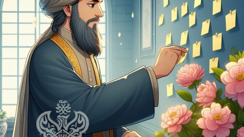 A sufi and sticky notes on the wall