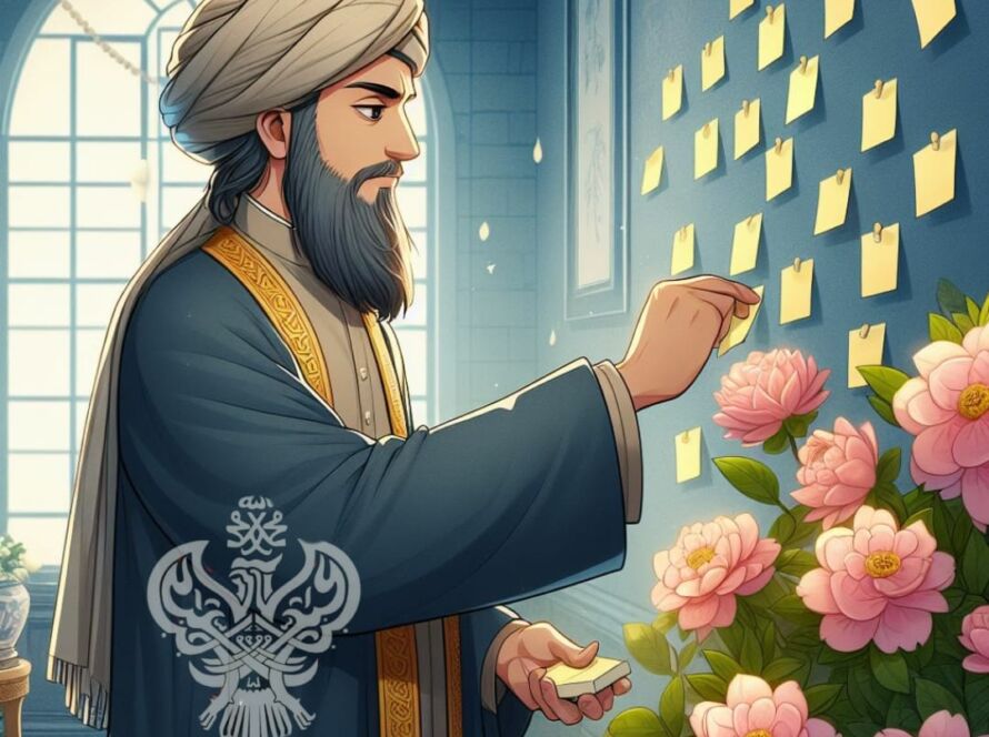 A sufi and sticky notes on the wall