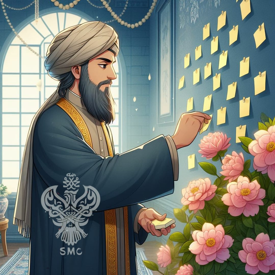 A sufi and sticky notes on the wall