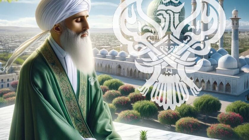 A sufi meditating on the roof, fruits next to him and the green dome behind him