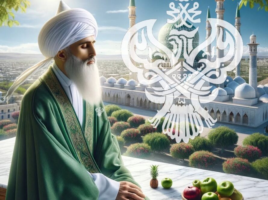 A sufi meditating on the roof, fruits next to him and the green dome behind him