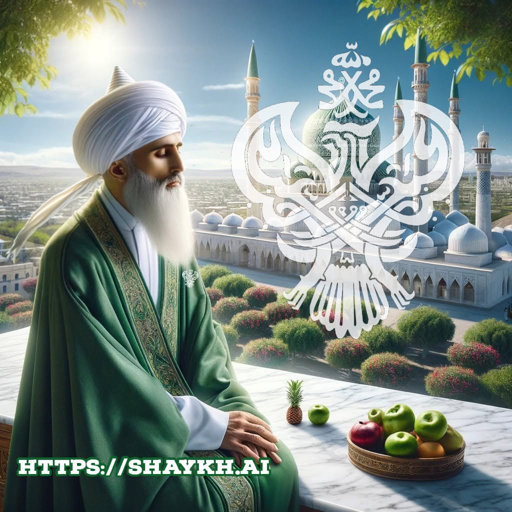 A sufi meditating on the roof, fruits next to him and the green dome behind him