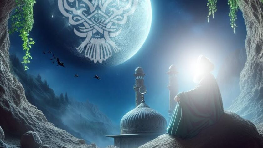 A Sufi in a Cave in Seclusion with the Moon in the sky