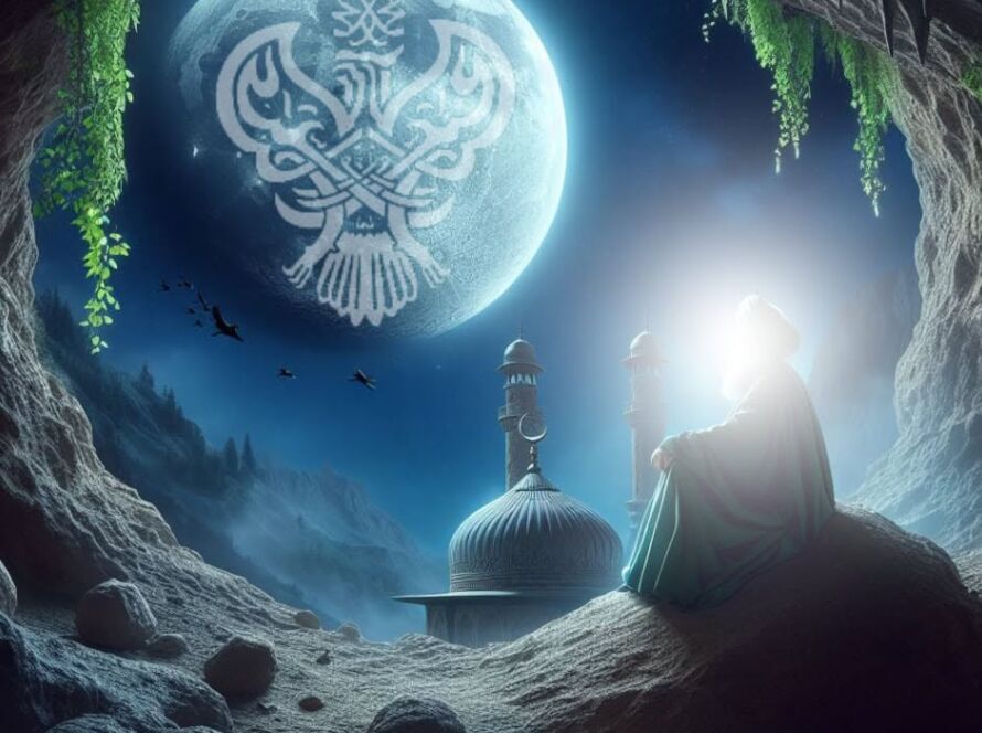 A Sufi in a Cave in Seclusion with the Moon in the sky