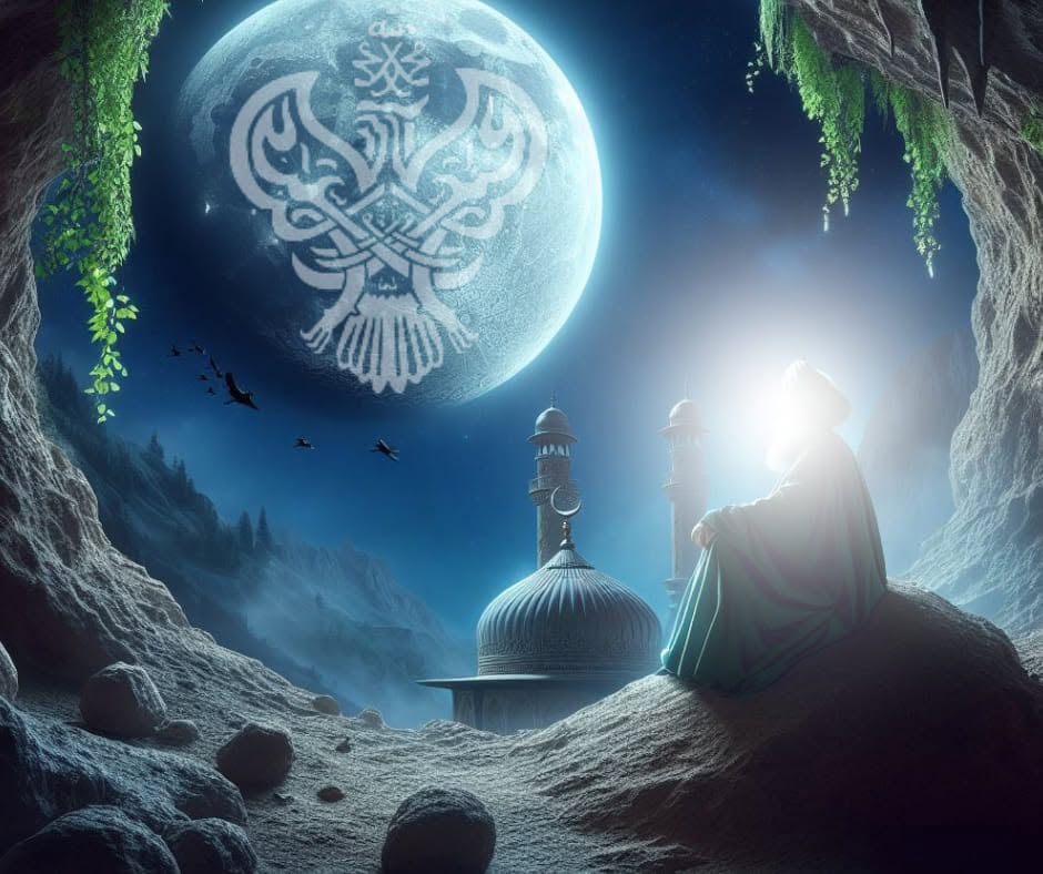 A Sufi in a Cave in Seclusion with the Moon in the sky