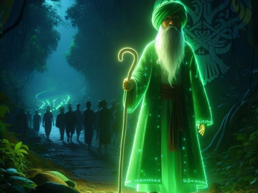 A green lit walking sufi walking