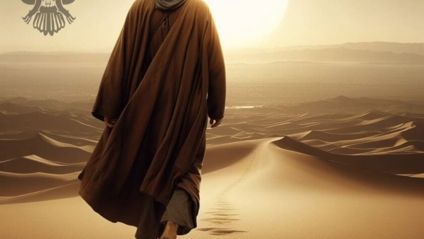 A lone sufi in the desert with the rising sun