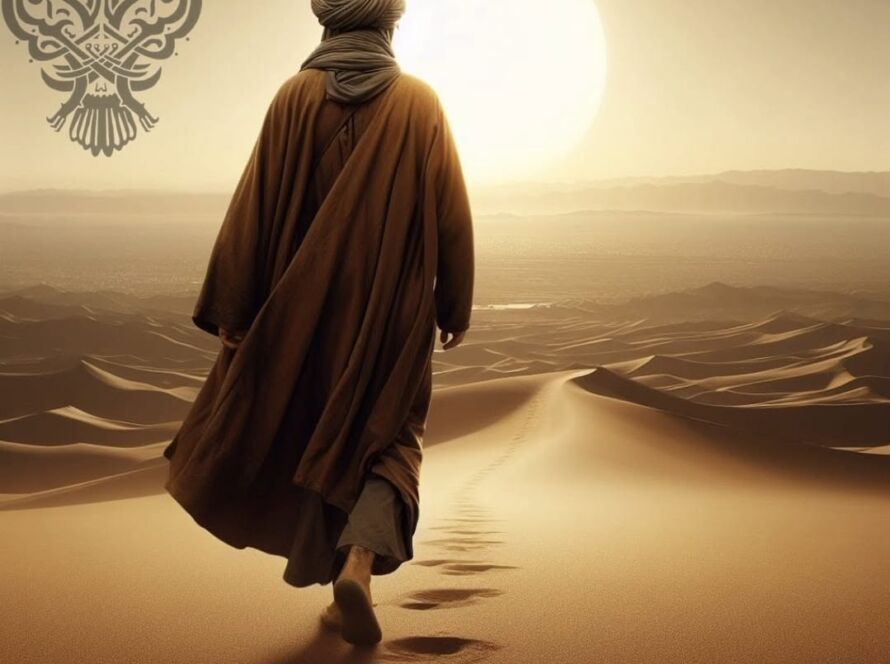 A lone sufi in the desert with the rising sun