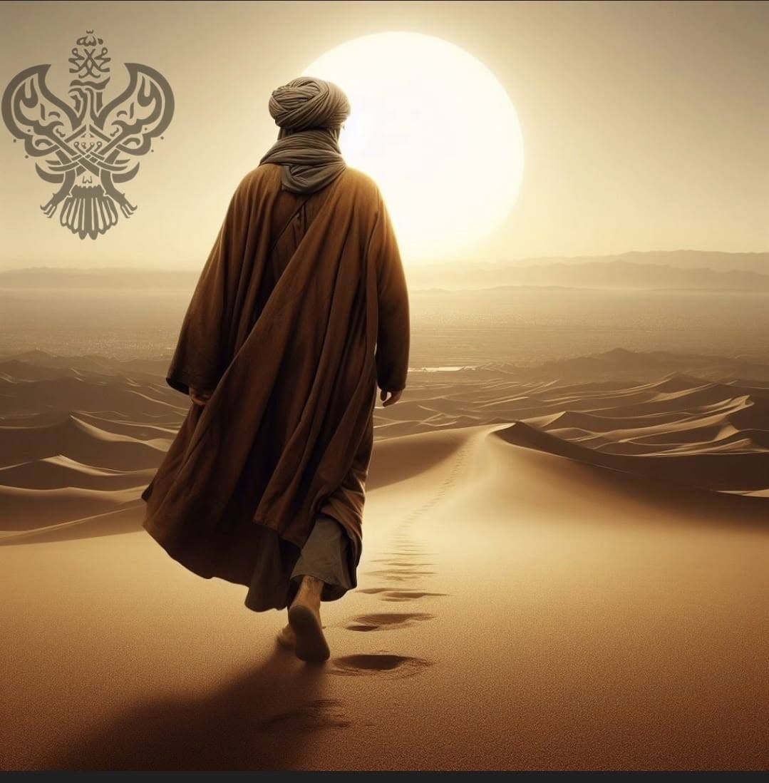 A lone sufi in the desert with the rising sun