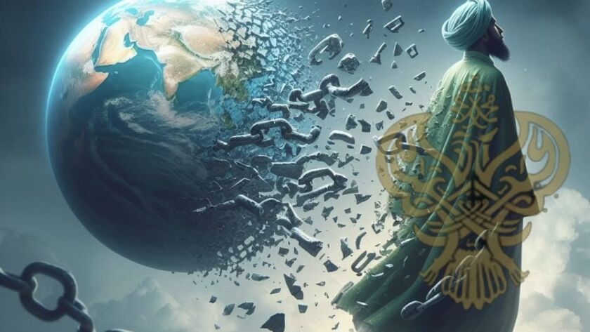 A sufi man breaking chains with earth as planet background