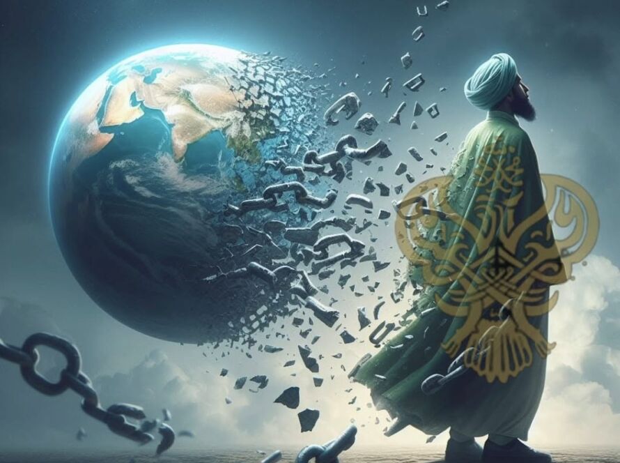 A sufi man breaking chains with earth as planet background