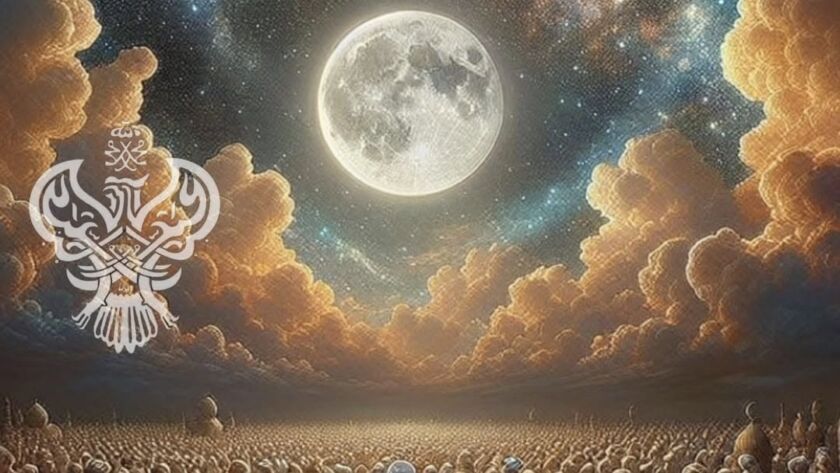 A moon, the pheonix and crowd of followers