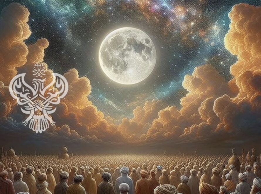 A moon, the pheonix and crowd of followers