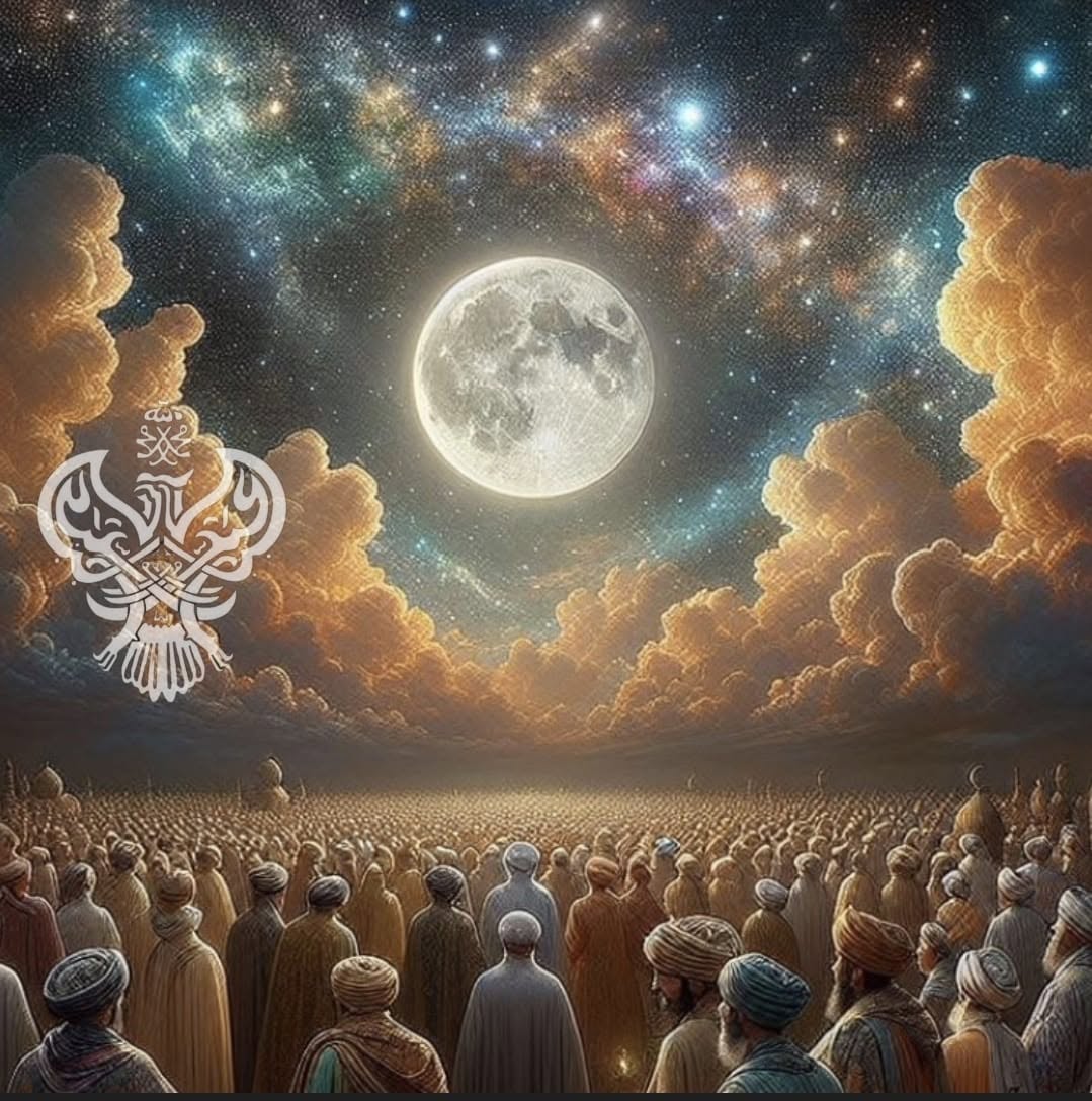 A moon, the pheonix and crowd of followers