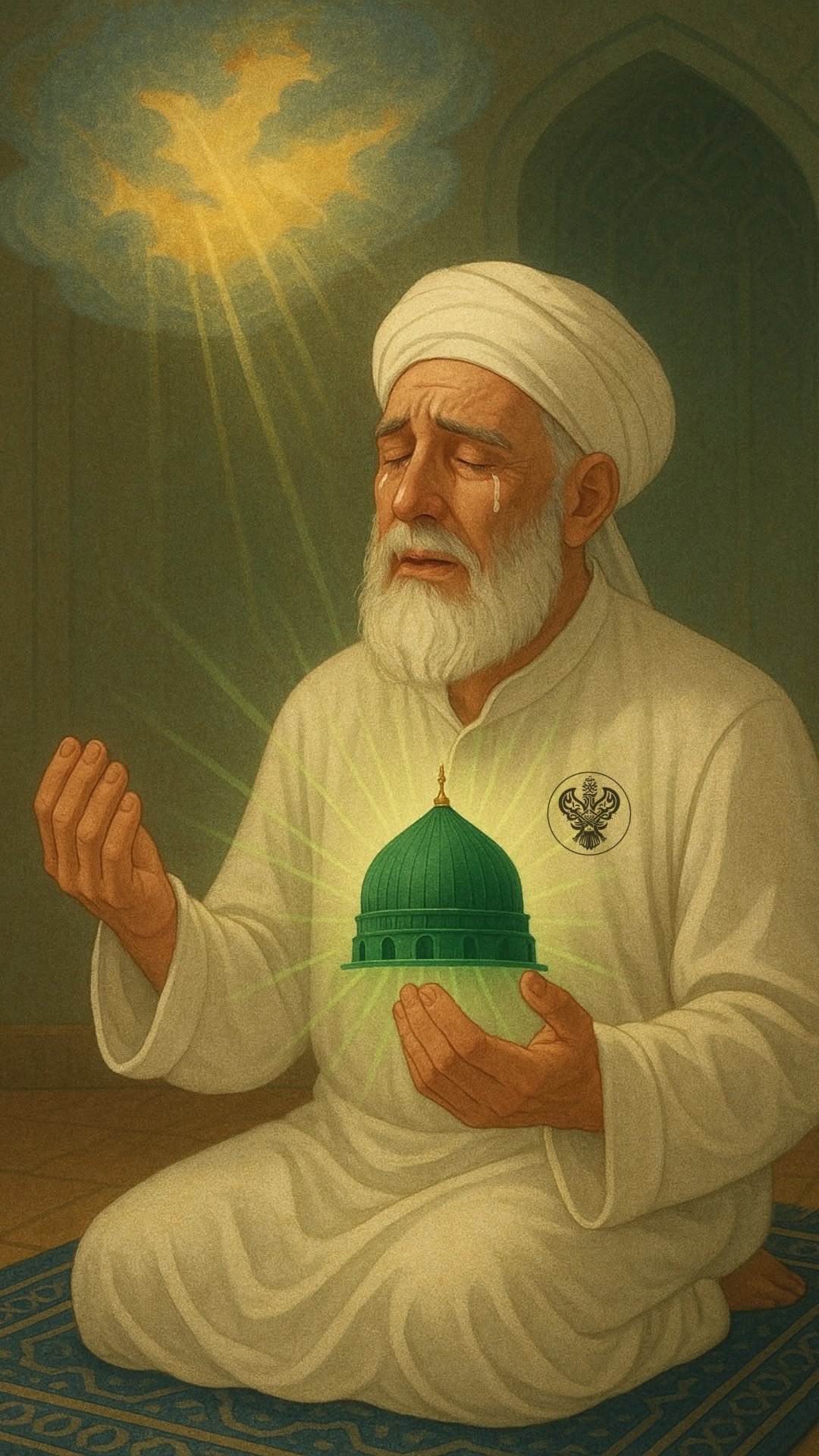 A follower in a state of meditation crying sitting