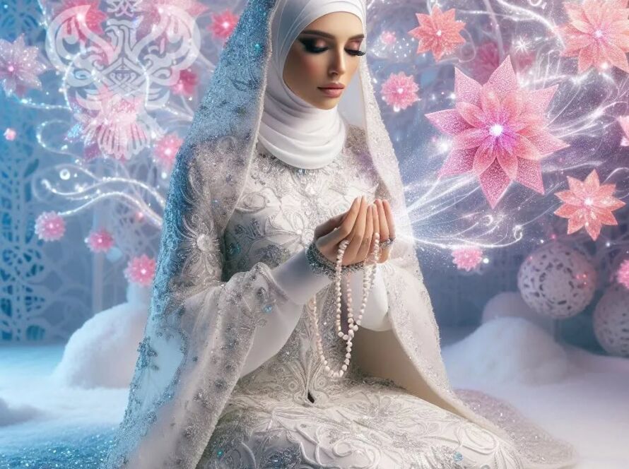 A woman in white with pink flowers sitting and praying