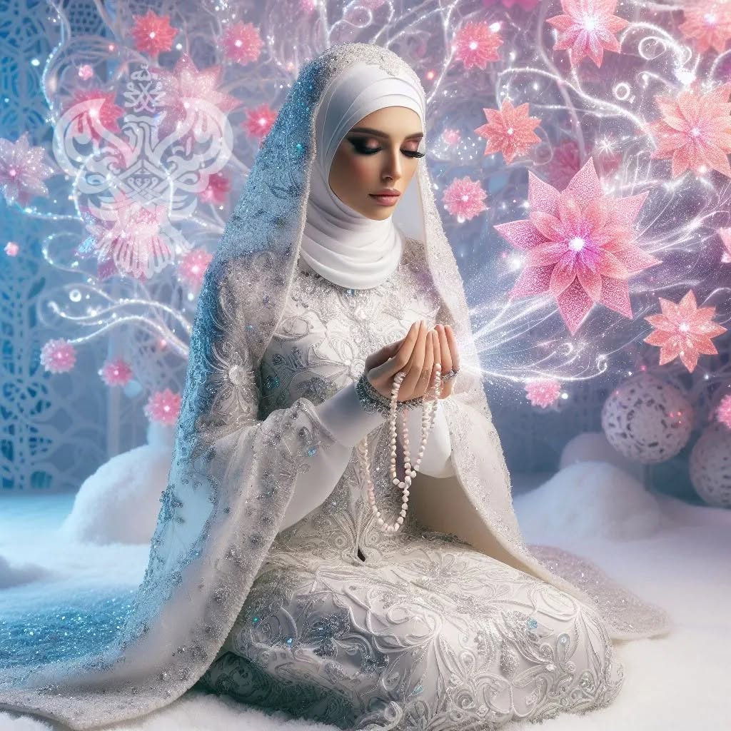 A woman in white with pink flowers sitting and praying