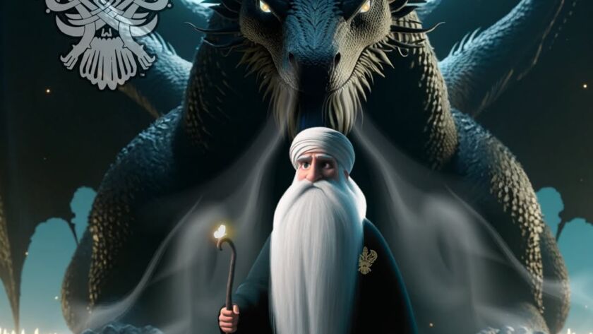 An Awliya and a dragon and water and moon background