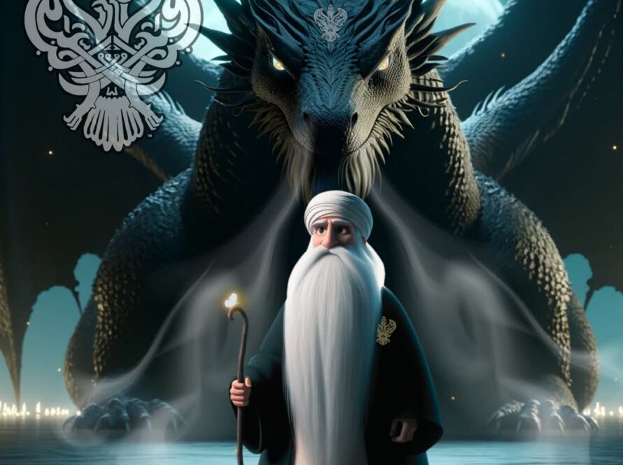An Awliya and a dragon and water and moon background